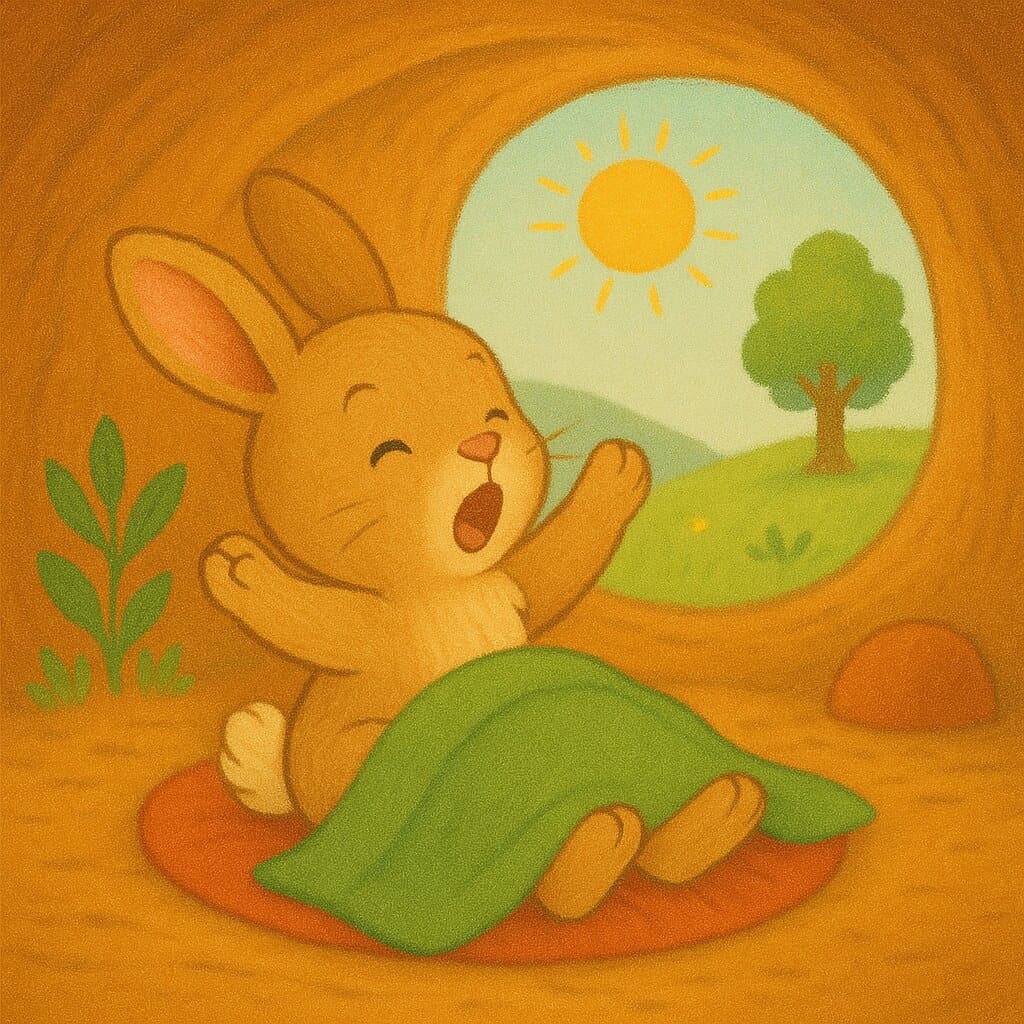 Baby Bunny wakes inside his cozy burrow.