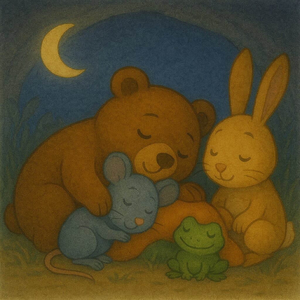 The animal friends sleep peacefully together.