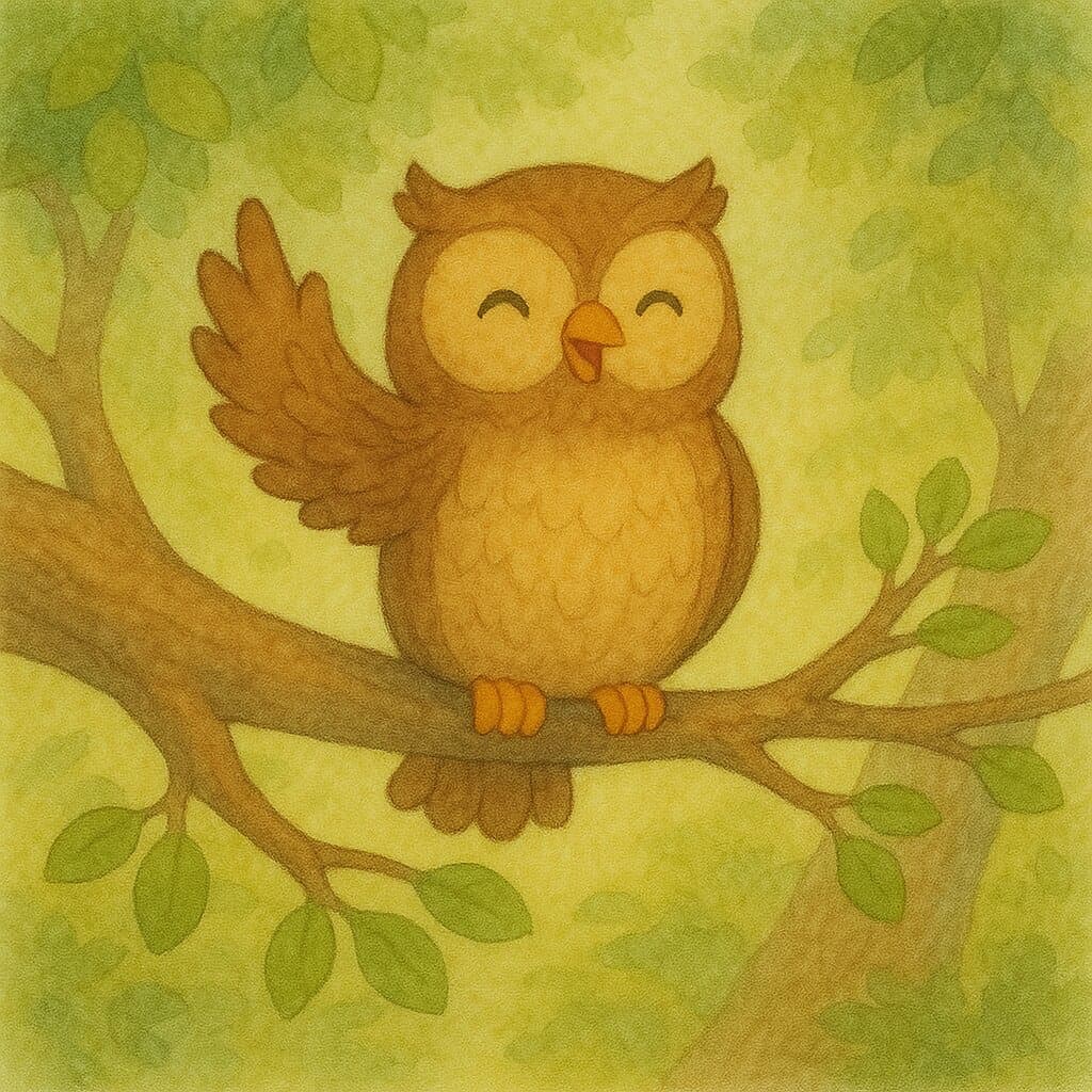 Wise Owl waves from a leafy tree branch.