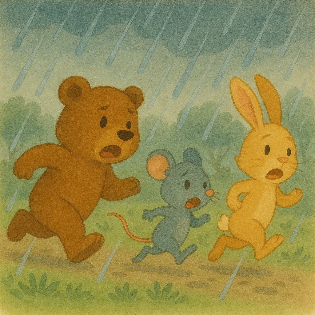 The animal friends hurry to shelter from the rain.