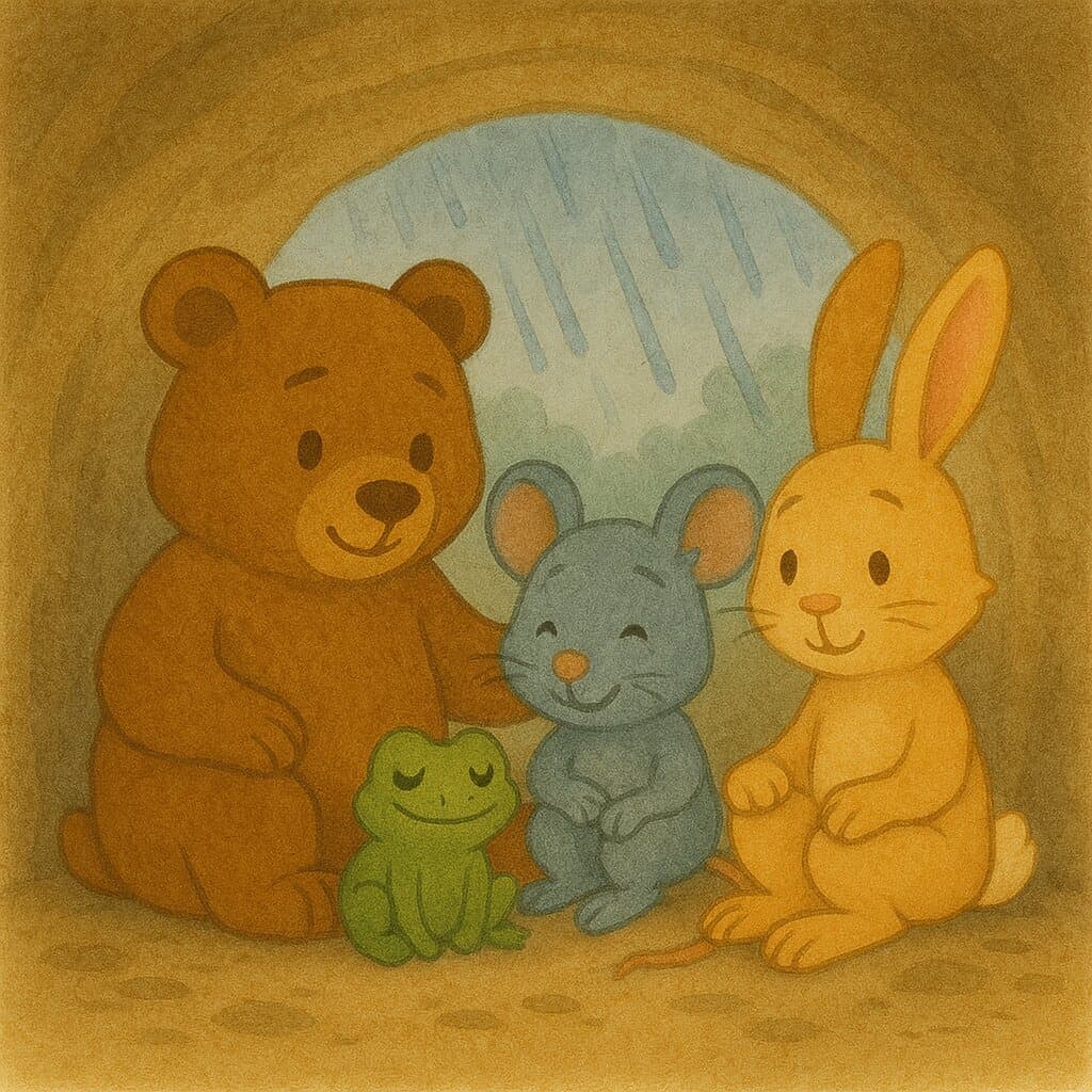 The friends cuddle together inside Bear's dry cave.