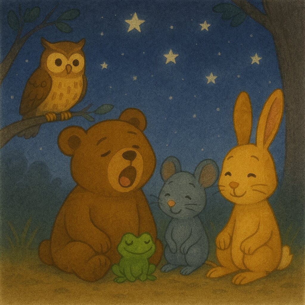 Bear yawns as the friends settle down beneath the stars.