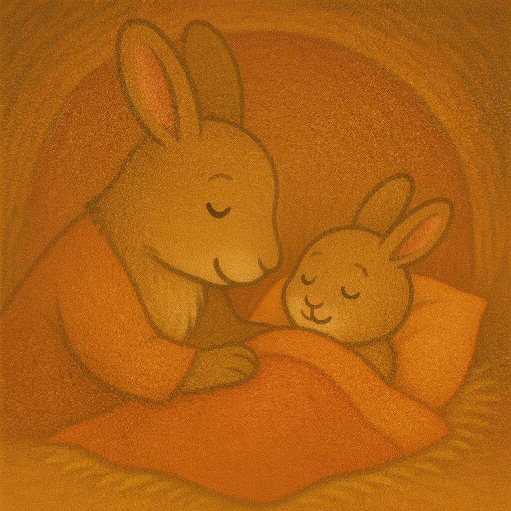 Mama Bunny tucks Baby Bunny into bed.