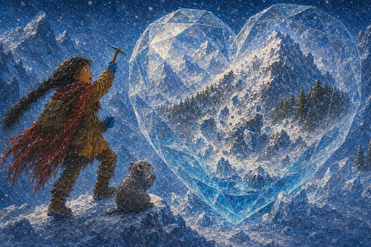 Juniper stands before a giant crystal heart containing the frozen spring and raises a small climbing hammer.