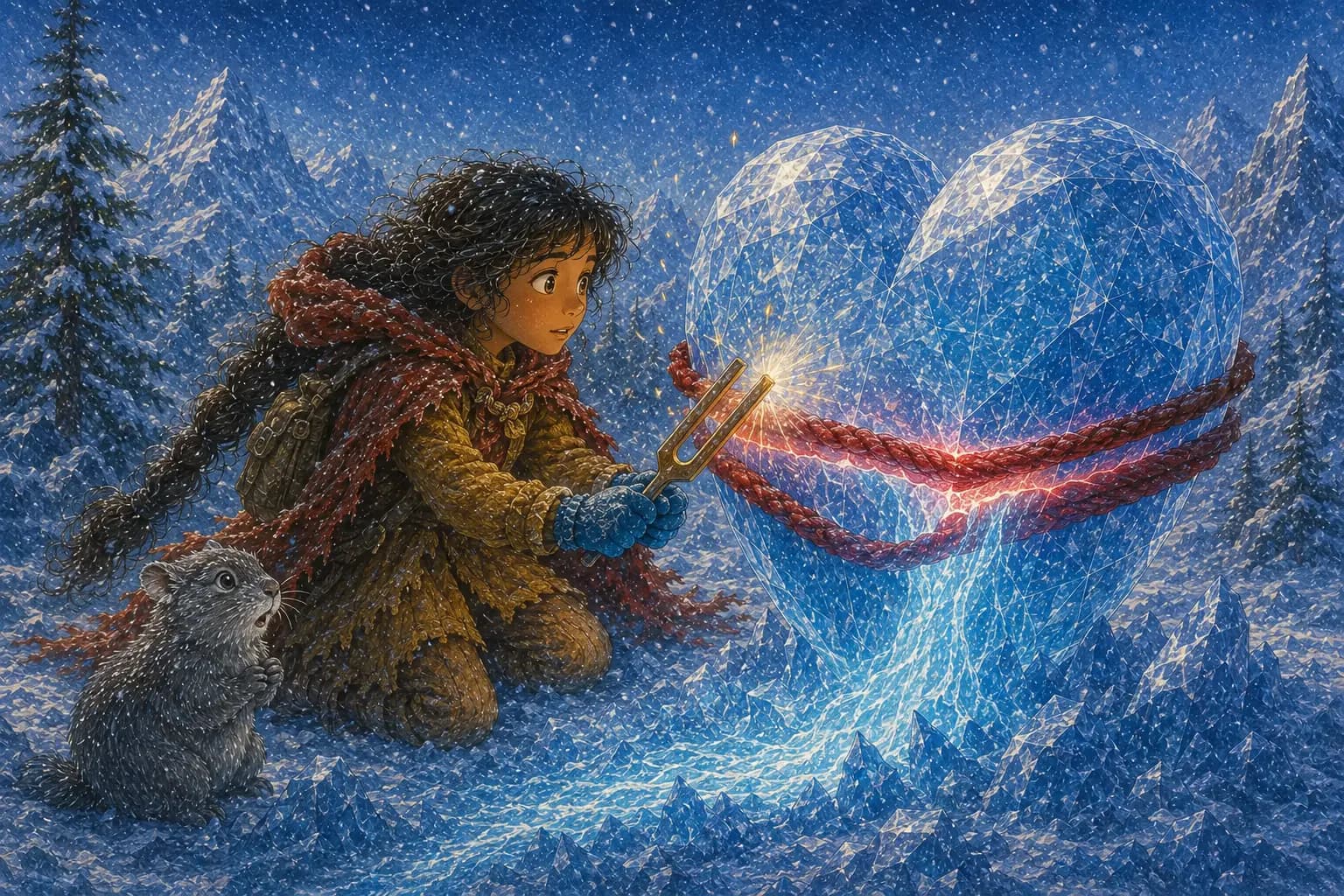 Juniper uses a bronze tuning fork and red rope to open a glowing seam in the crystal heart.