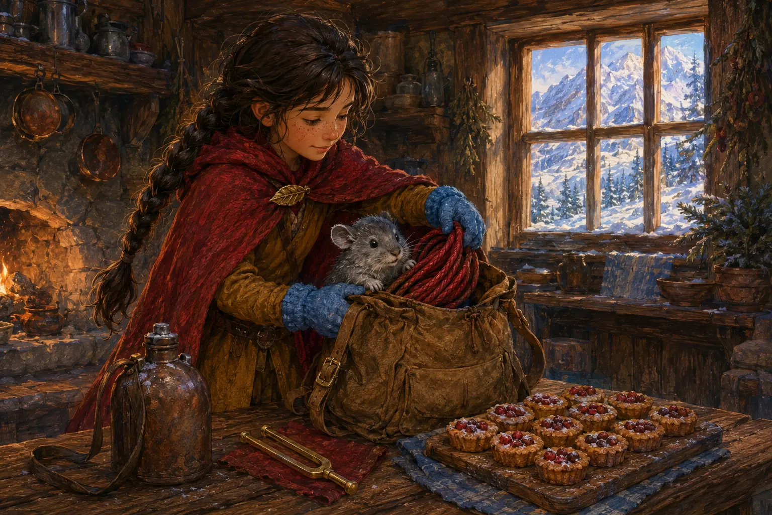 Juniper prepares climbing gear and berry cakes while Moss the pika climbs into her pack.