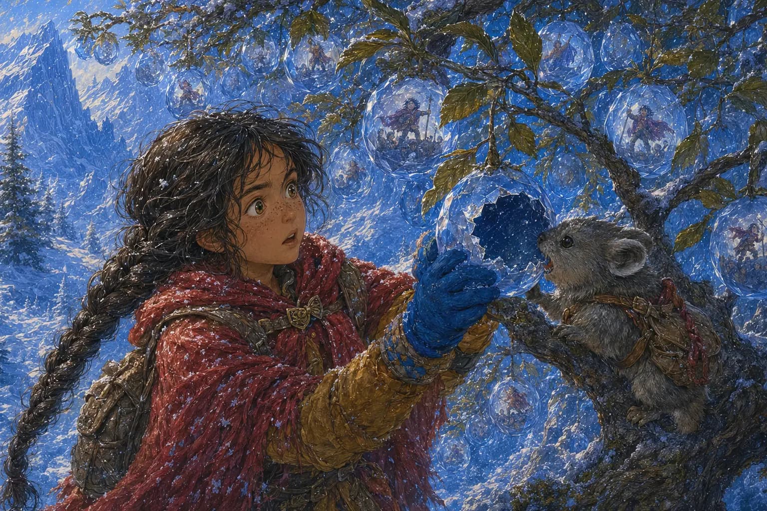 Juniper and Moss inspect hollow crystal berries filled with tempting heroic reflections.