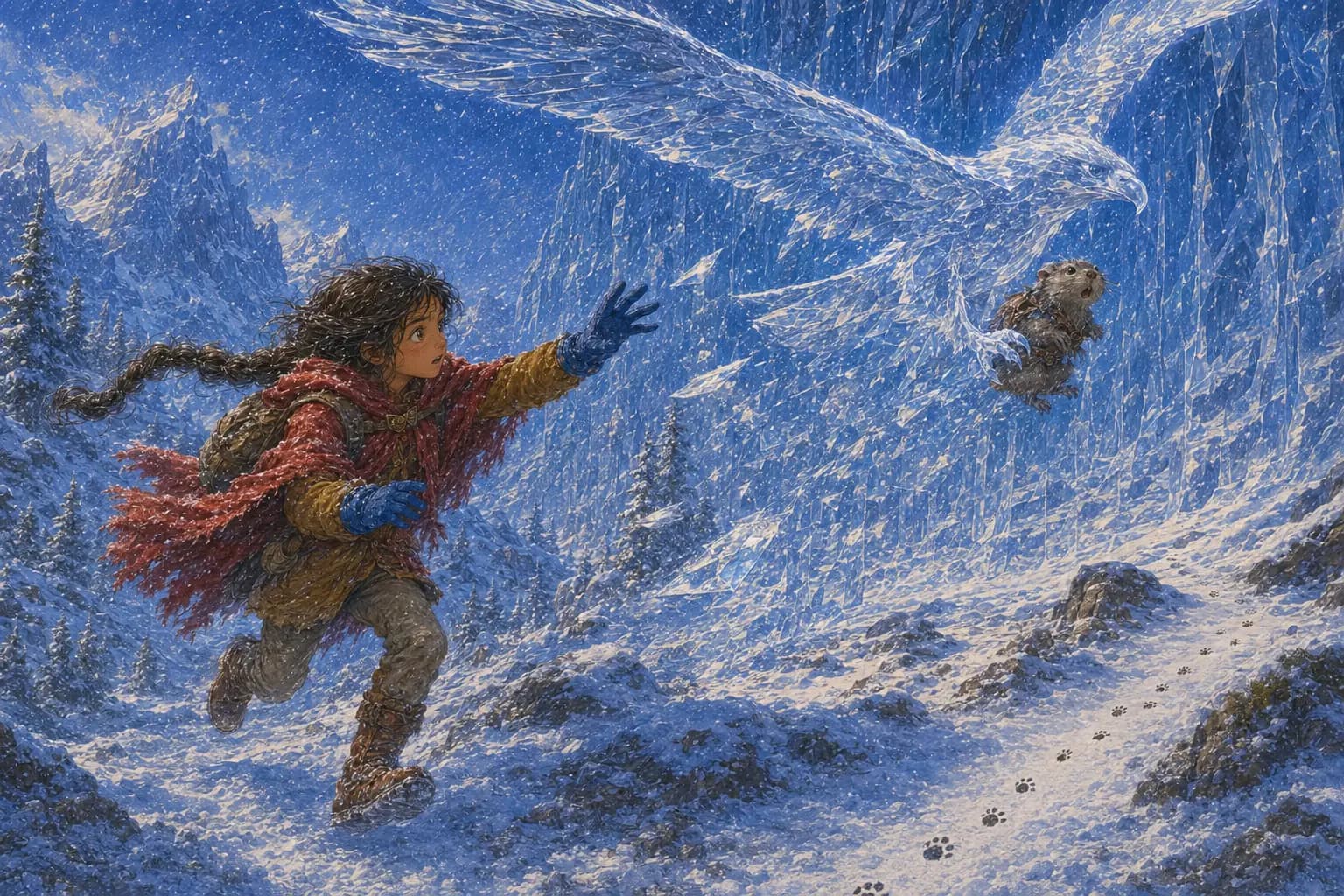 A huge reflected eagle carries a false Moss while Juniper notices the real pika's tracks in snow.
