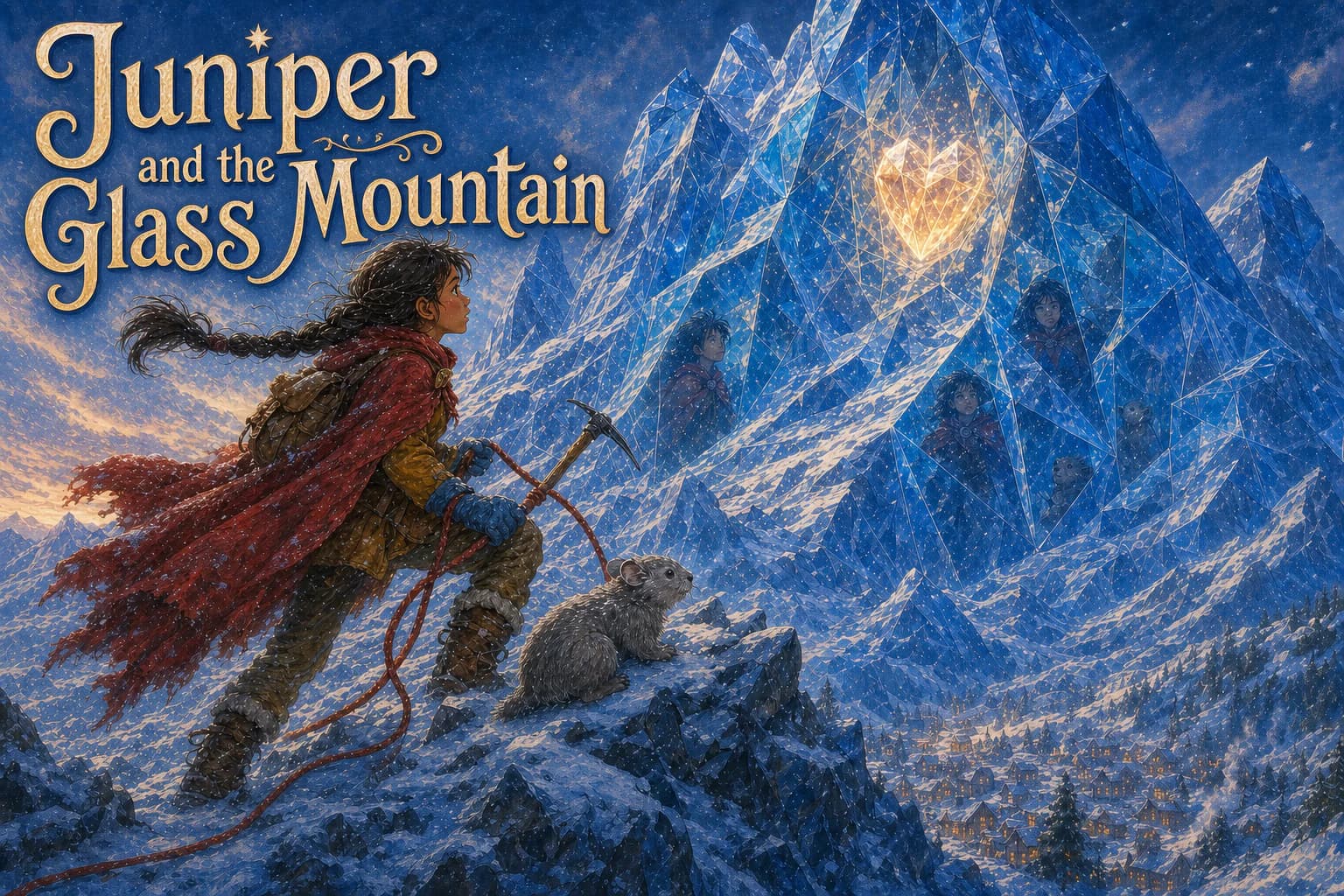 Juniper sees Mount Vesper covered in blue glass above her snowy alpine village.