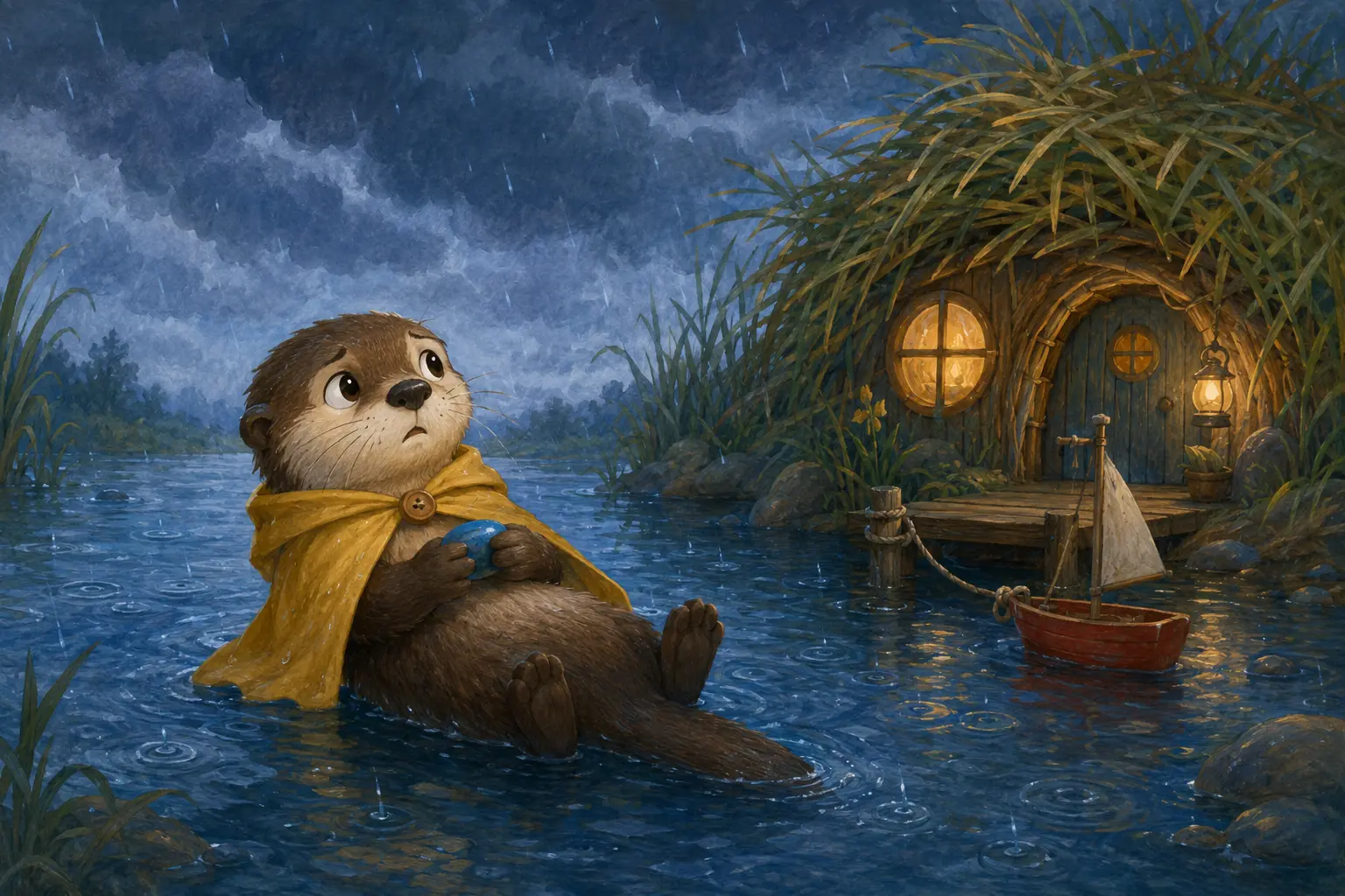 Nori the otter floats near home as rain clouds gather.