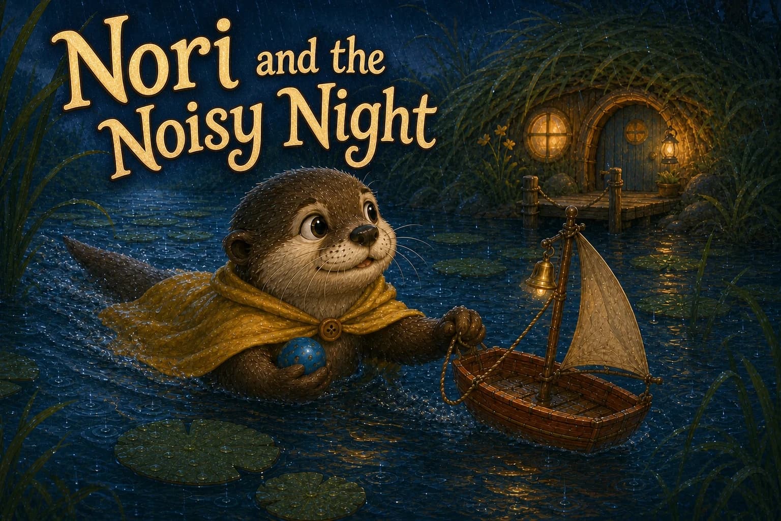 Nori the otter floats near home as rain clouds gather.