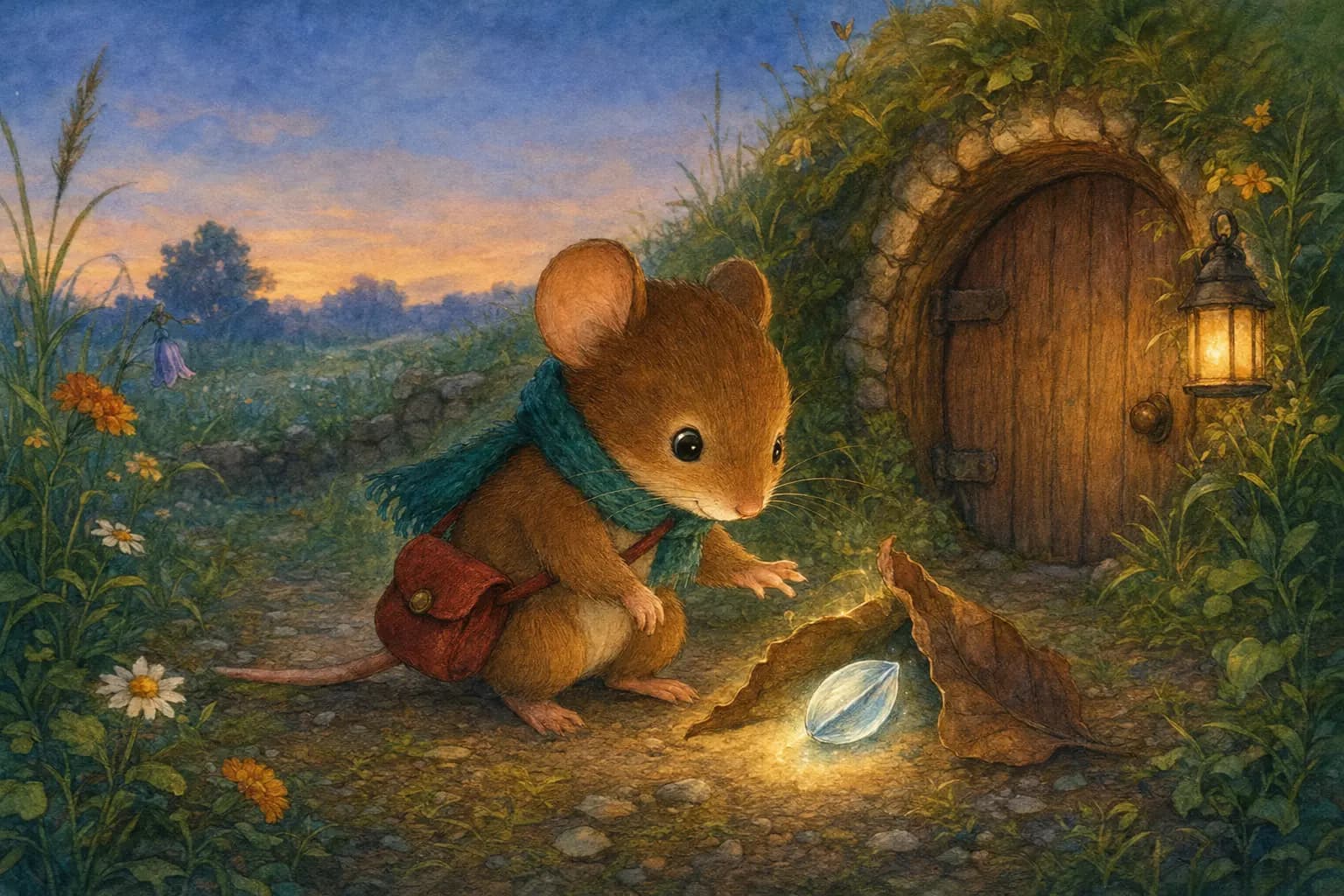 Pip the mouse discovers a glowing silver seed outside his burrow at dusk.