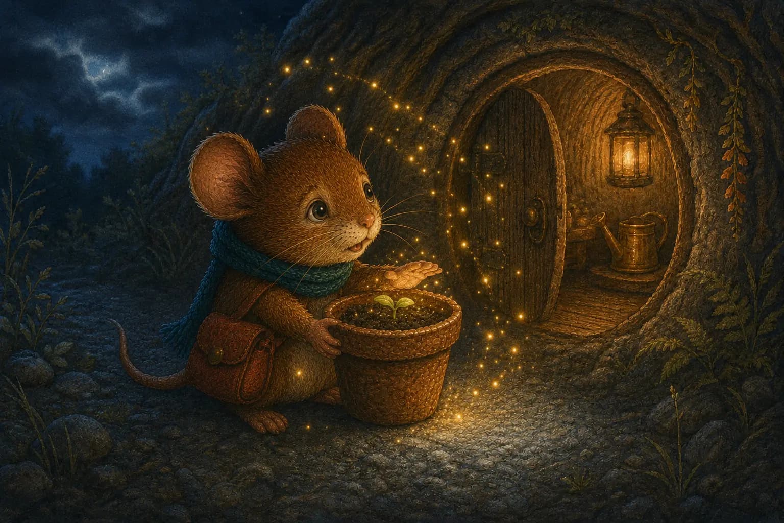 Fireflies gather around Pip and the drooping moonseed sprout.