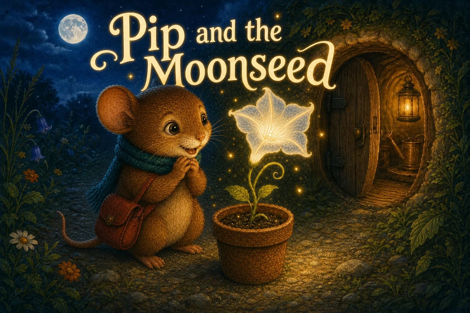 Pip the mouse discovers a glowing silver seed outside his burrow at dusk.