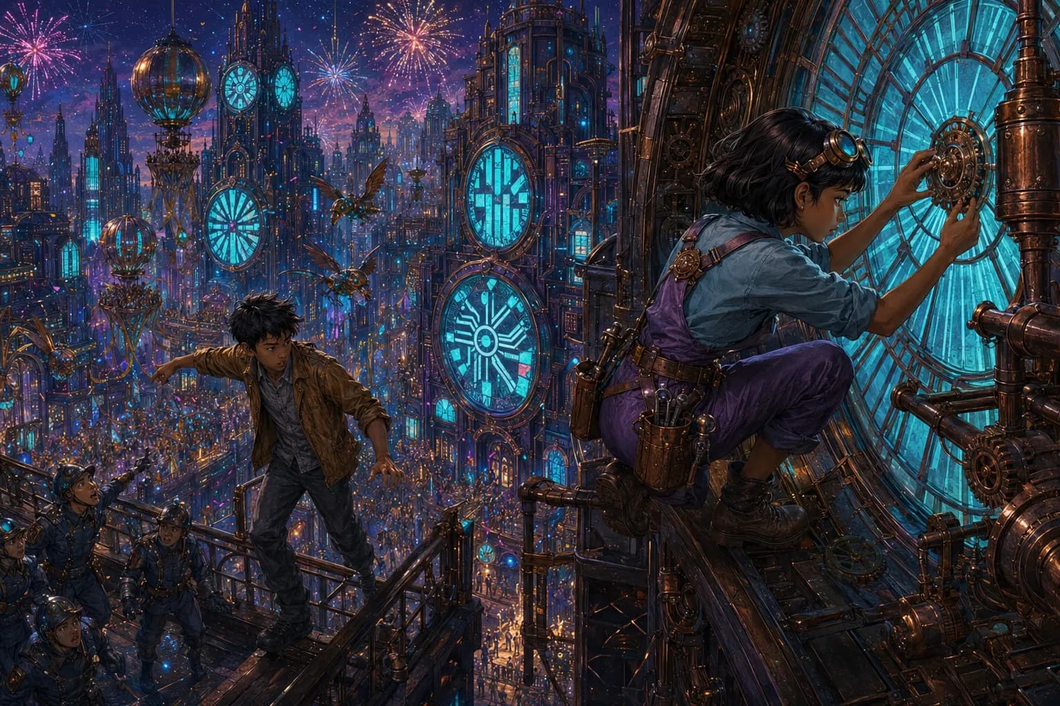 Nia installs a truth gear in the Grand Clock while cyan debt numbers fill the city