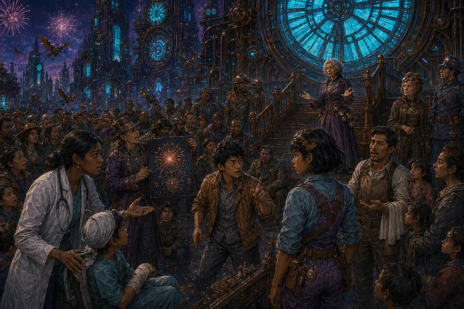 Citizens debate beneath the Grand Clock as the mayor, surgeon, waiter, and Jun speak
