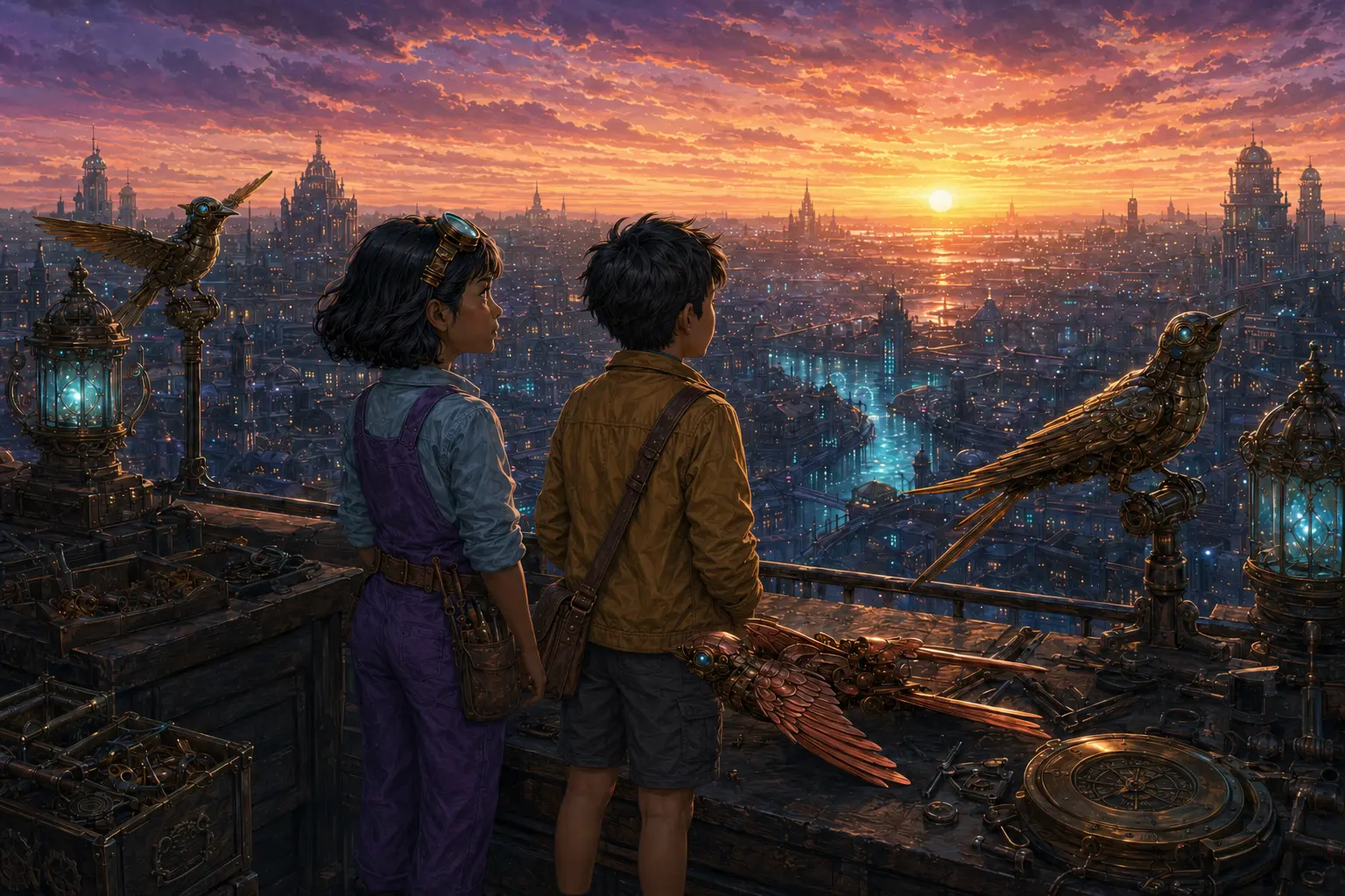 Nia and Jun watch a complete sunrise over Veyra beside one unfinished mechanical swallow
