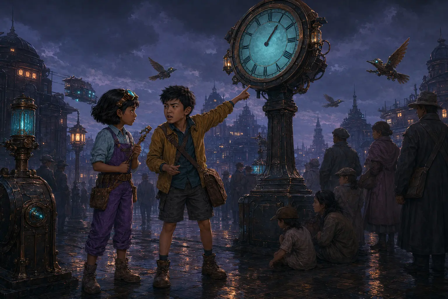 Jun shows Nia a Low Veyra clock that has skipped the first half hour of morning