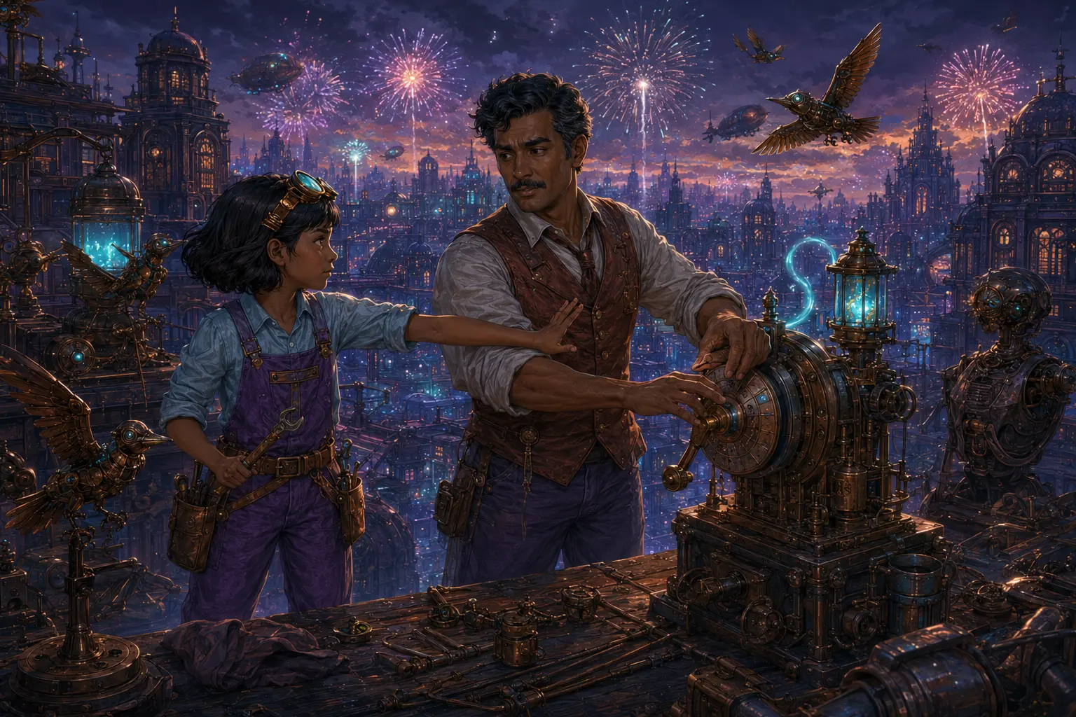 Nia stops her father from using the time dial as parade fireworks glow beyond the workshop