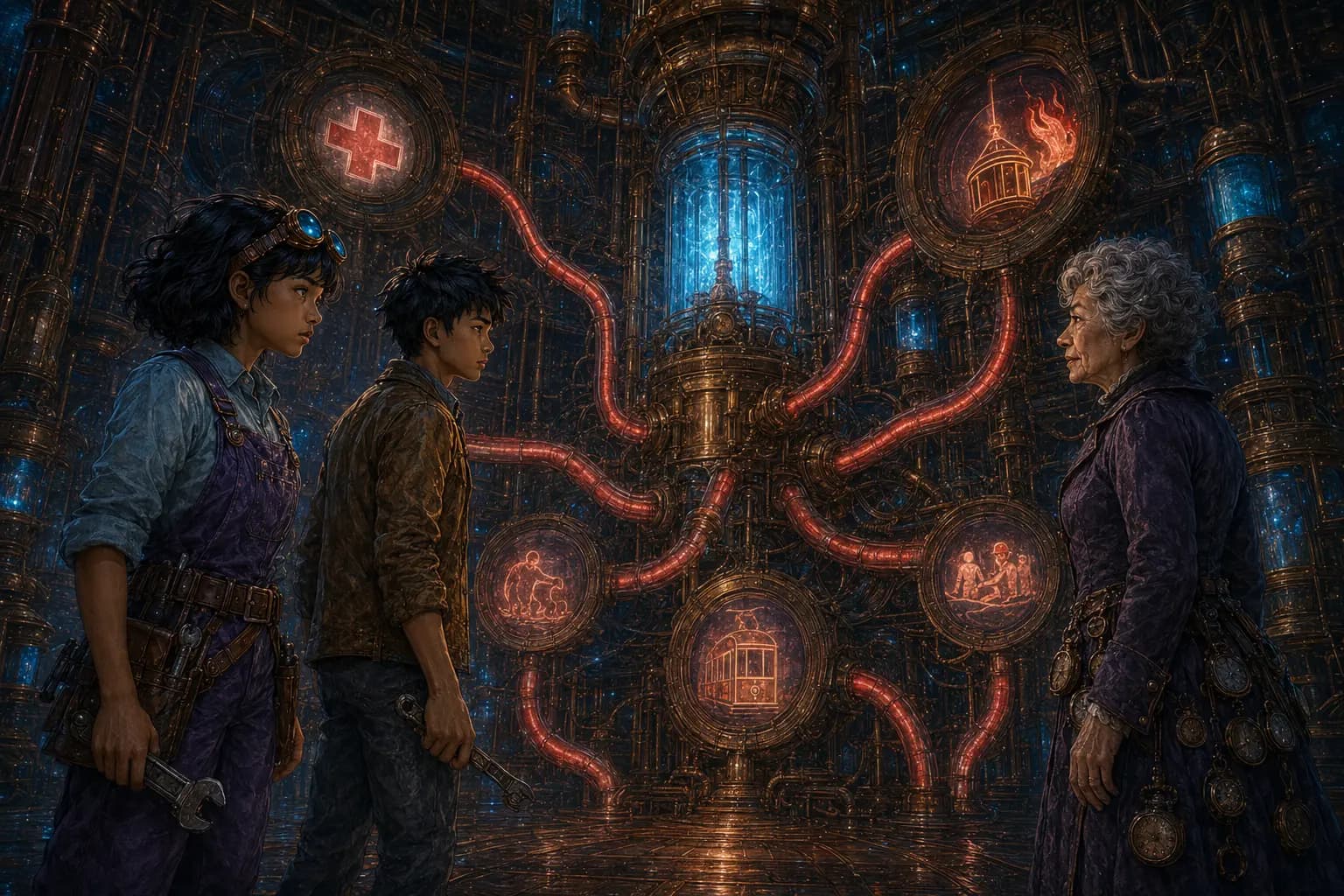 Nia and Jun confront the immense Tomorrow Engine and its vital red emergency lines