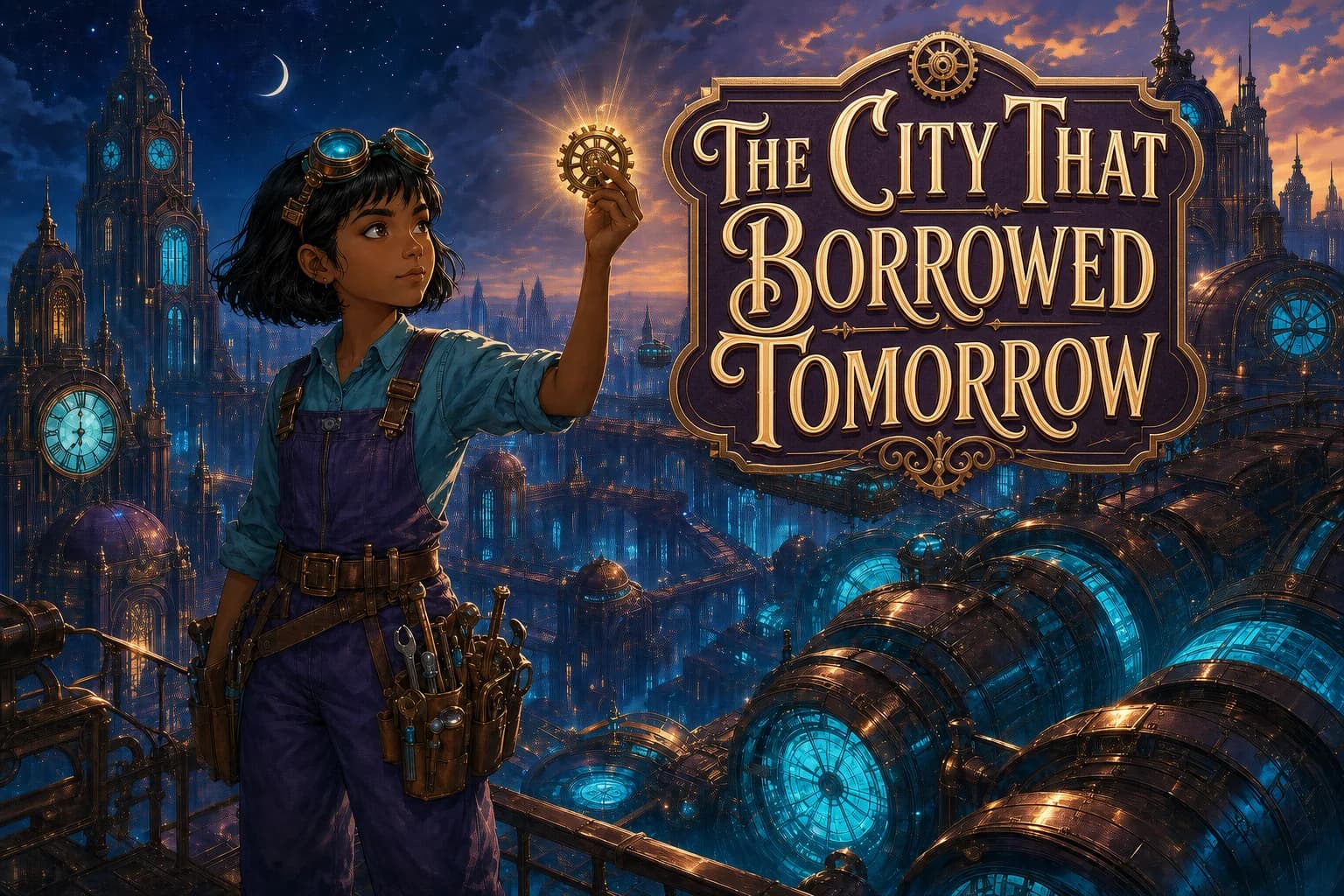 Nia overlooks Veyra's violet art-deco towers and glowing copper Tomorrow Engines