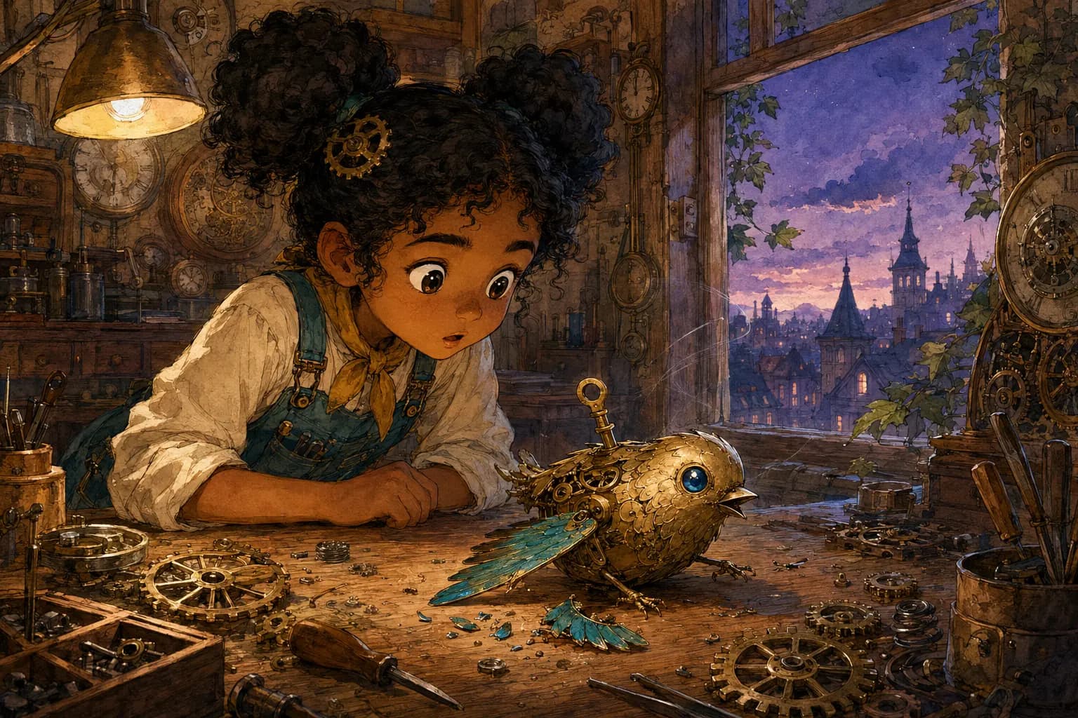Mira discovers a damaged brass clockwork sparrow on her workshop bench at dusk.
