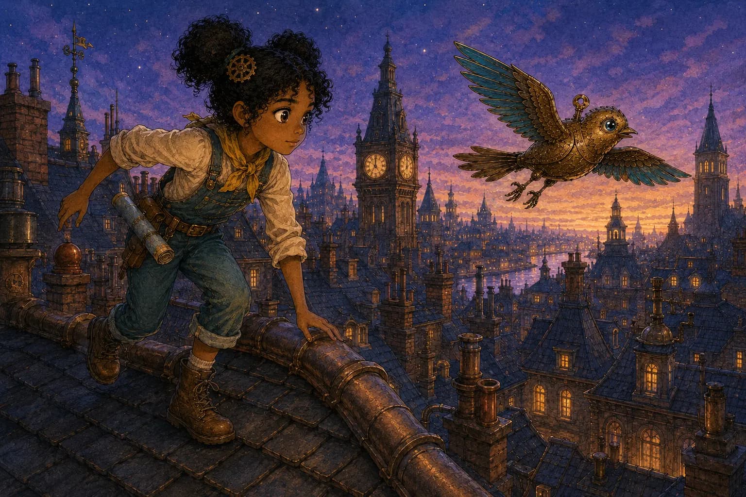 Mira follows the repaired clockwork sparrow across the old city's rooftops.