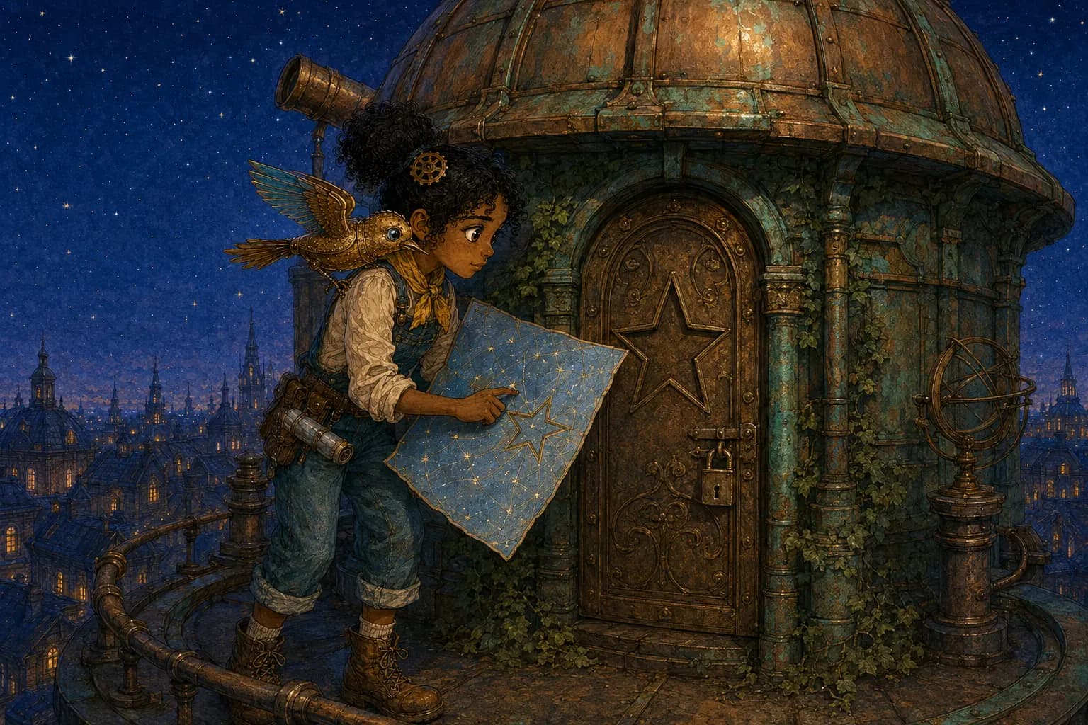Mira compares the sky-map's golden star with the star on an abandoned observatory door.