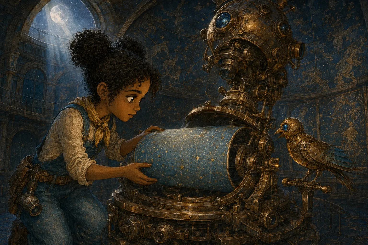 Mira places the blue sky-map into a giant star projector inside the observatory.