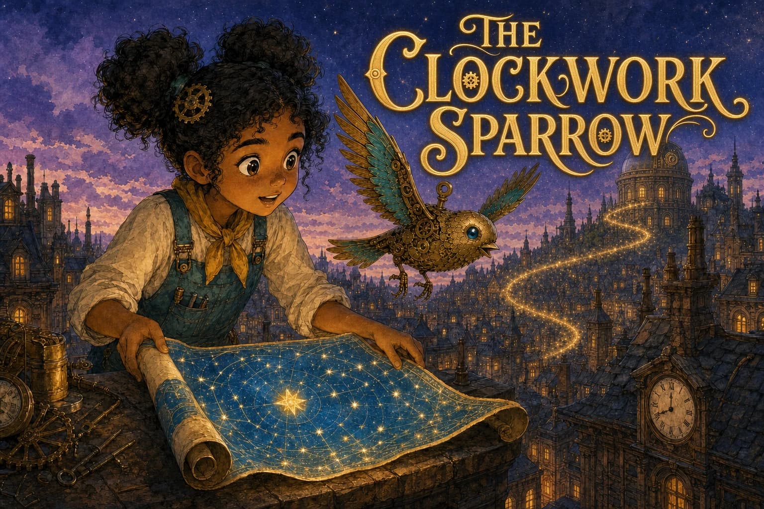 Mira discovers a damaged brass clockwork sparrow on her workshop bench at dusk.