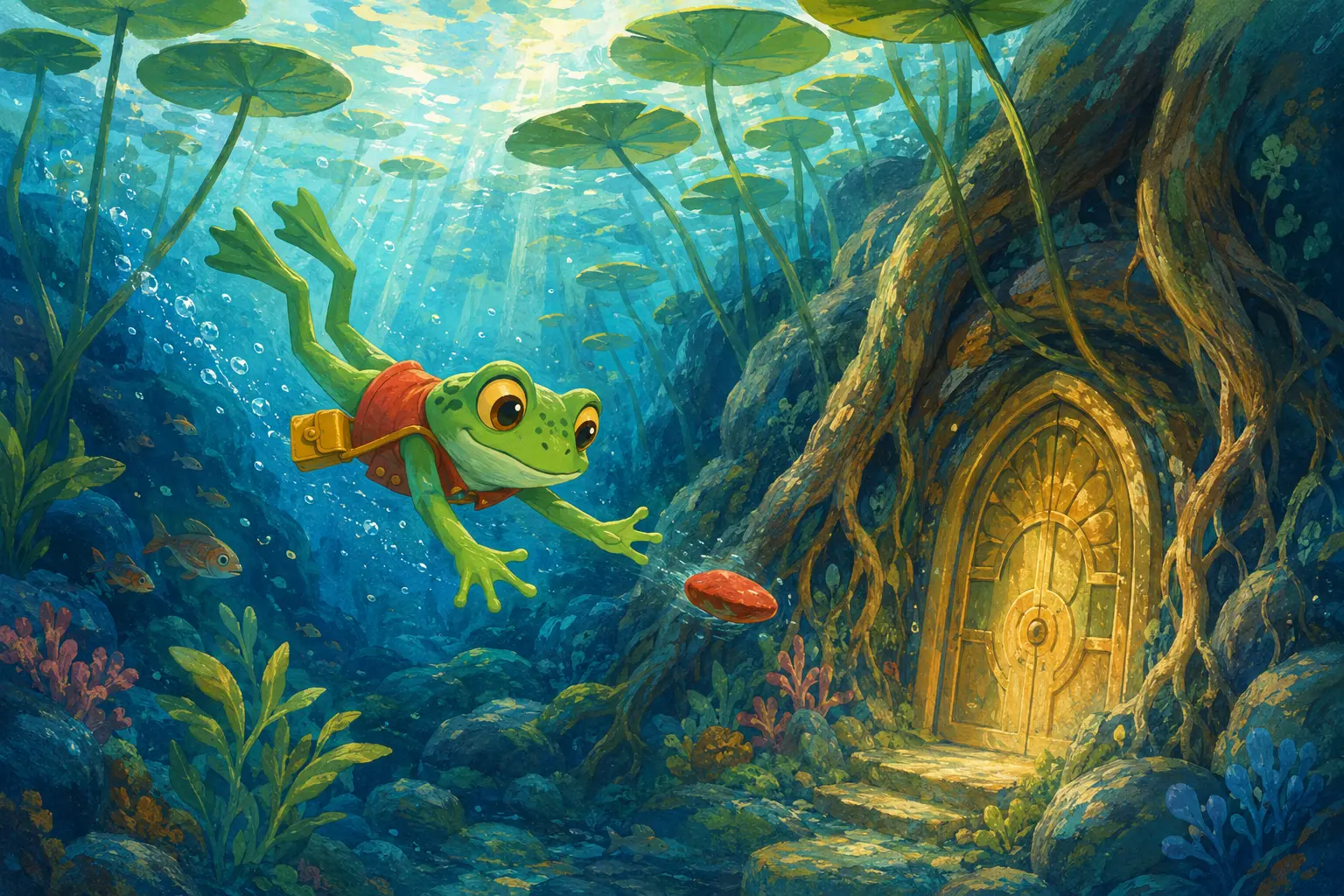 Tavi the young frog dives after a red stone and discovers a golden door beneath lily roots.