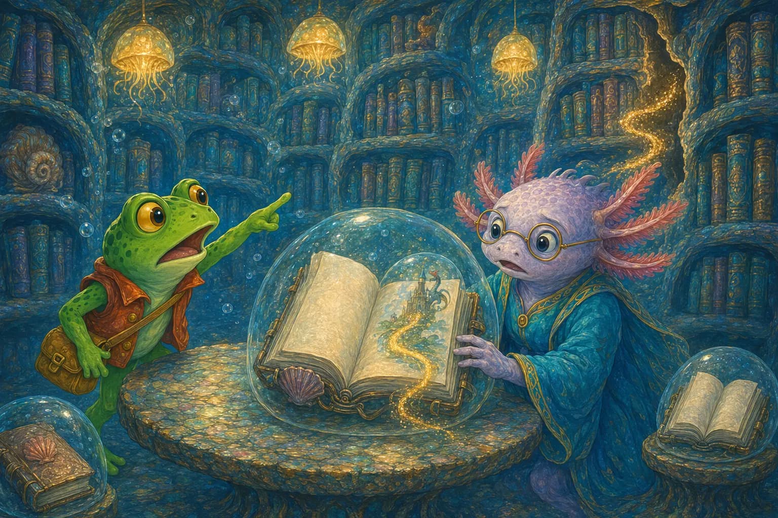 Golden story ink escapes from a fading picture book as Tavi points toward its trail.