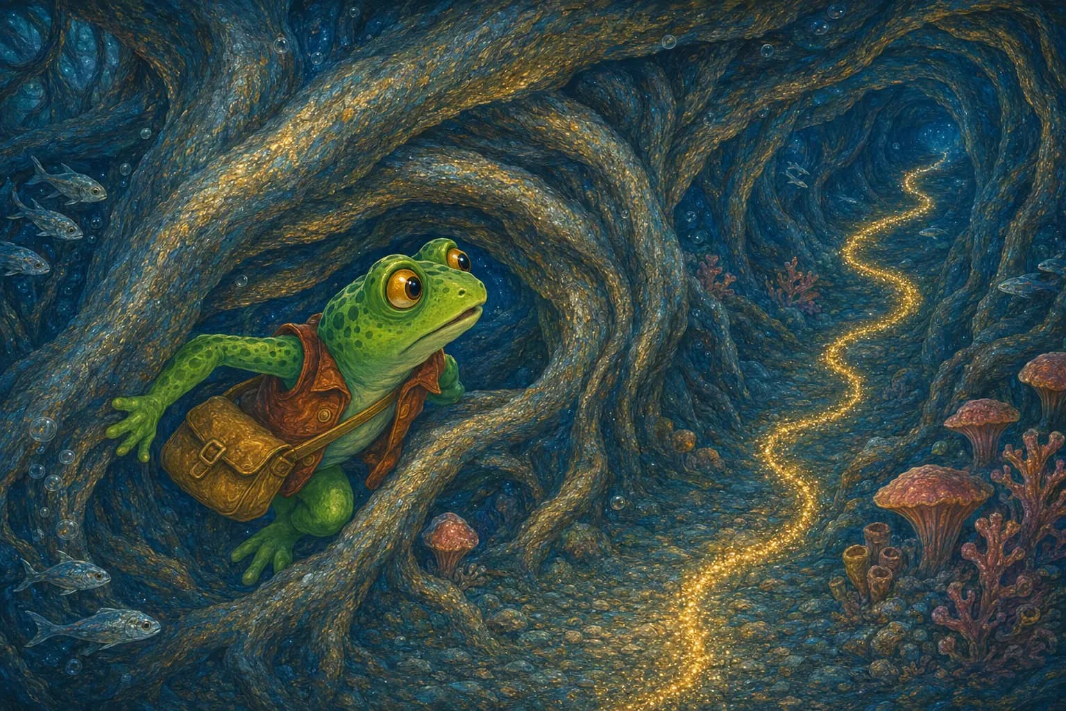 Tavi follows a sparkling golden ink trail through a twisting underwater root tunnel.