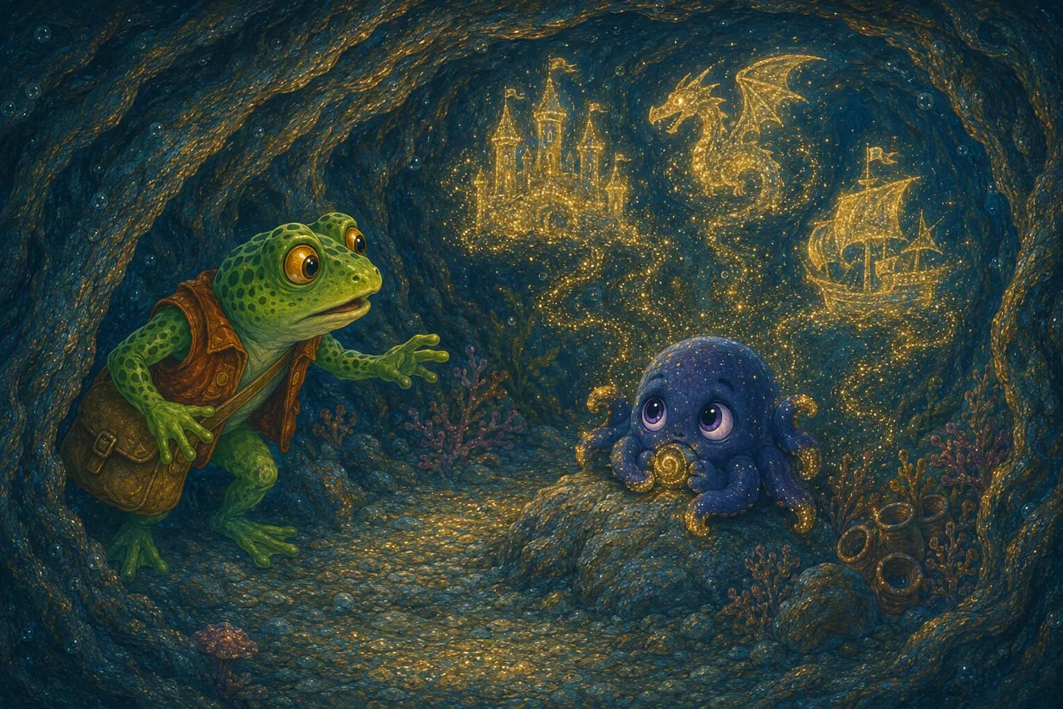 Tavi discovers shy little Smudge surrounded by glowing pictures made from story ink.