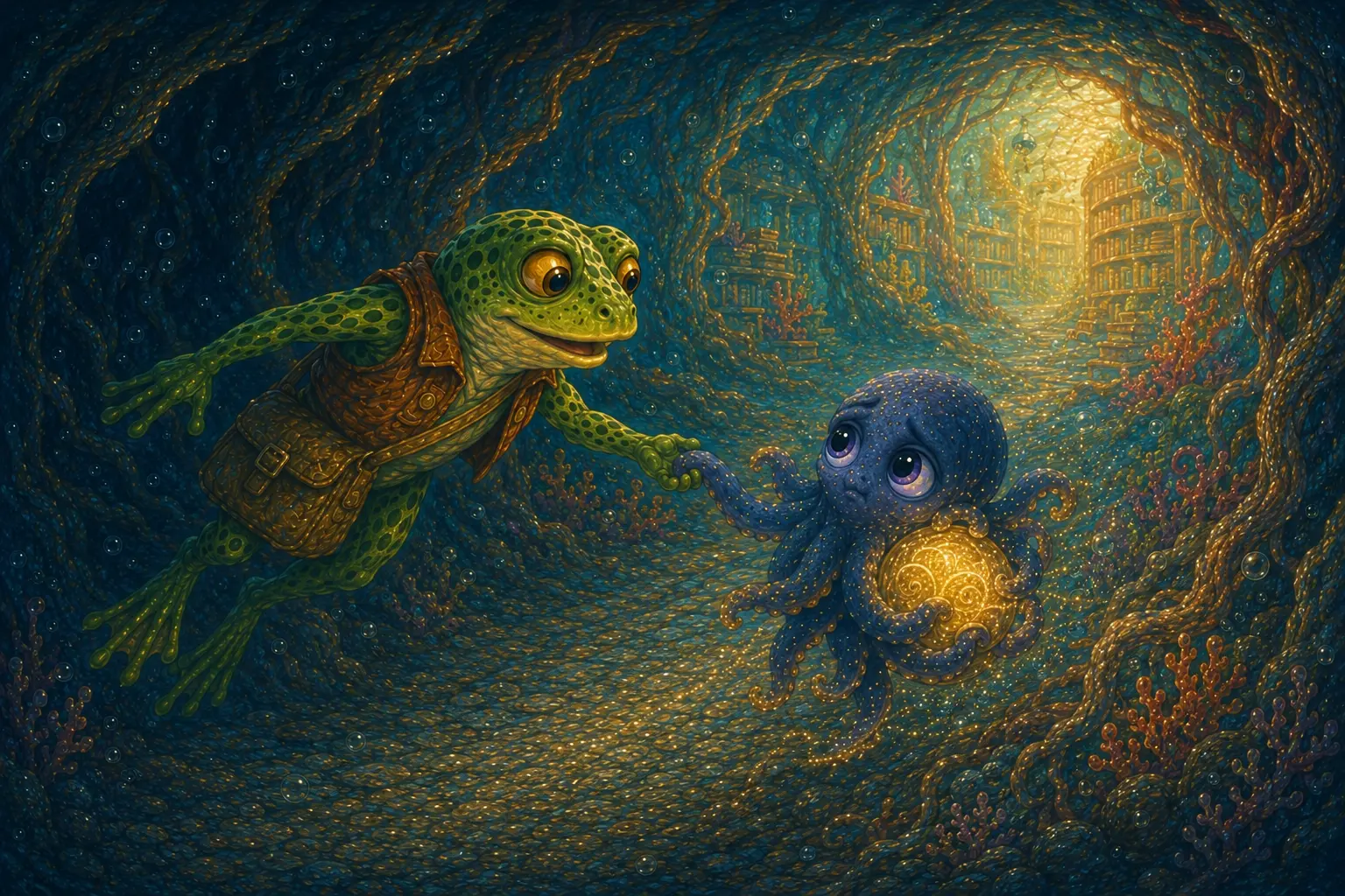 Tavi and Smudge carry a glowing ball of gathered story ink back through the tunnel.
