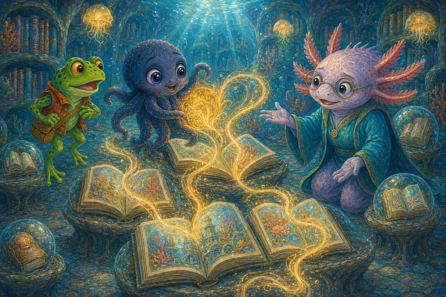 Smudge releases golden ink into the library books while Tavi and Miss Luma welcome him.