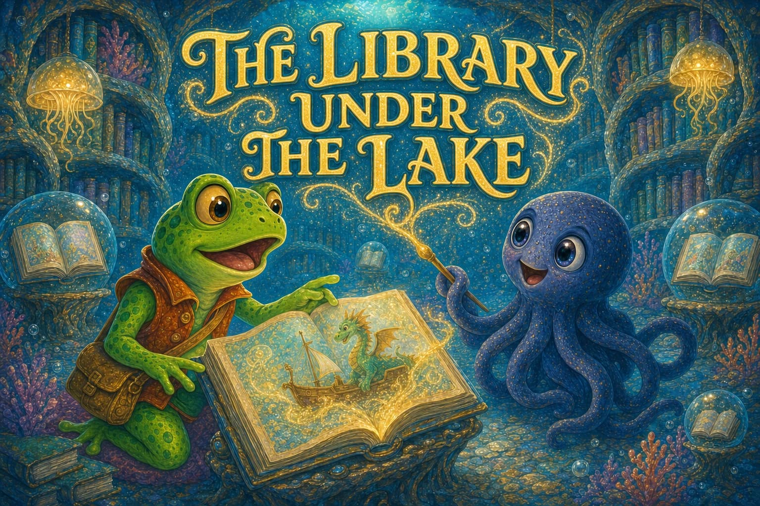 Tavi the young frog dives after a red stone and discovers a golden door beneath lily roots.