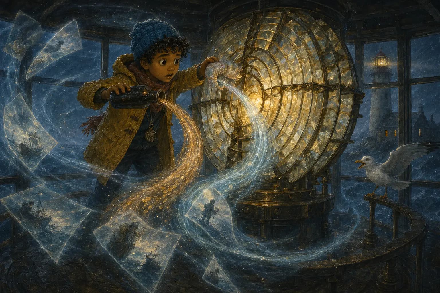 Sami pours glowing sea memories through the lighthouse's great golden glass lens.