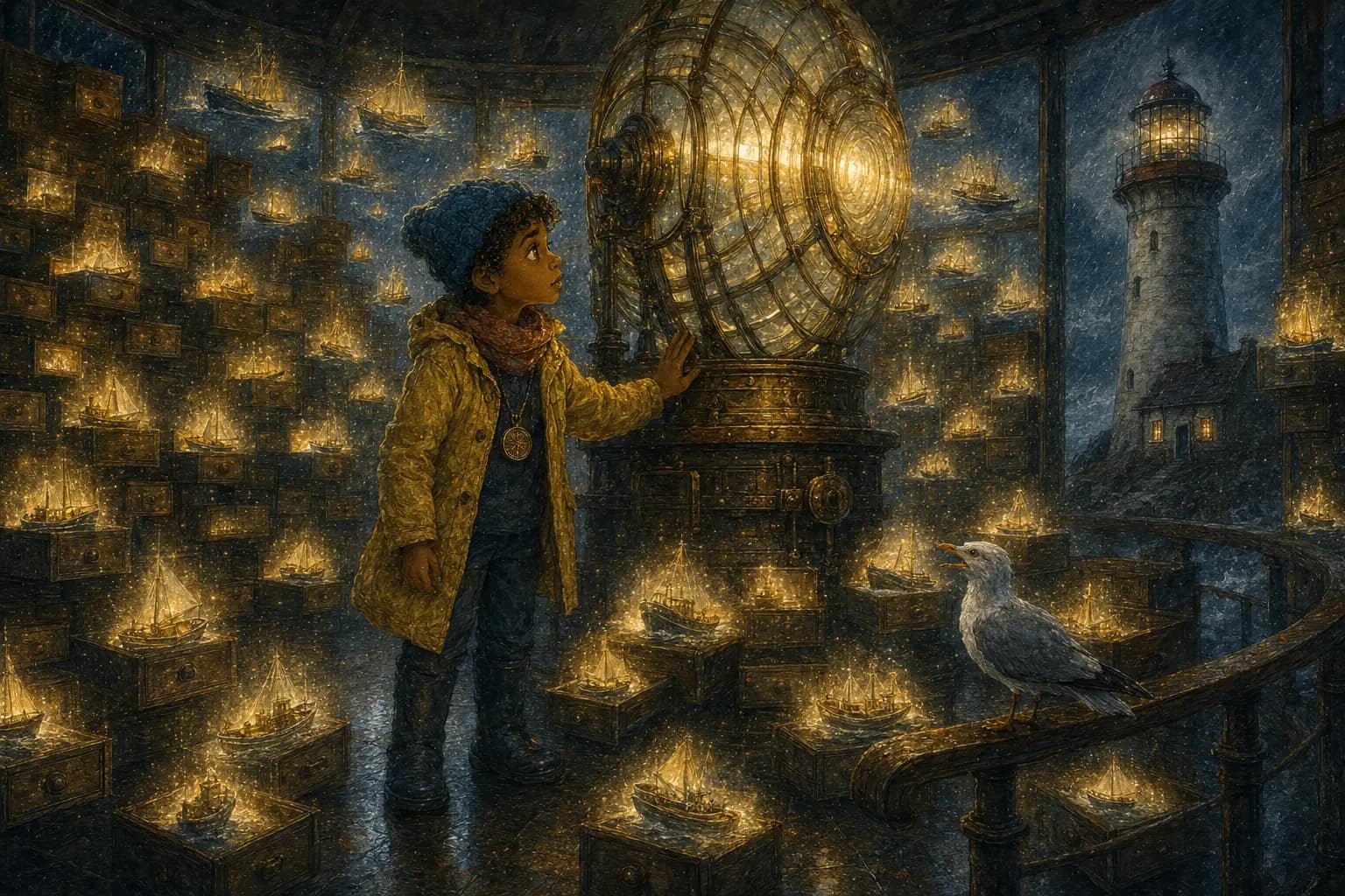 Sami comforts the lighthouse as its memory drawers glow with many boats safely returning.