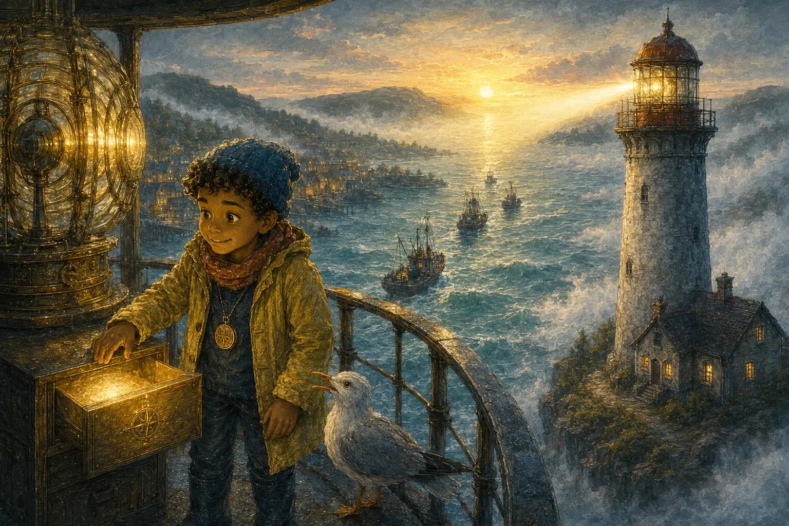 The restored lighthouse guides boats through clearing fog while Sami finds a new glowing memory drawer.