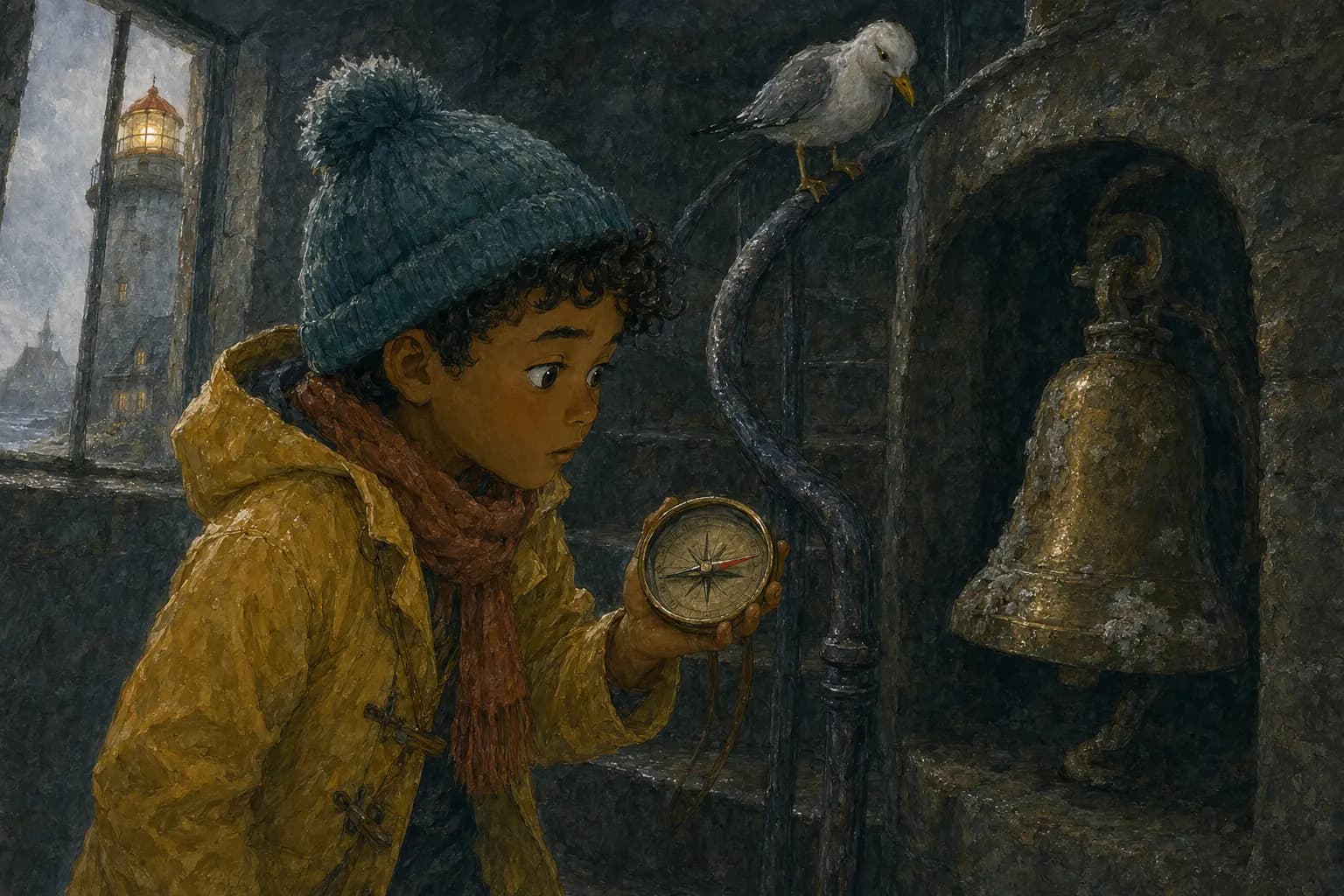 Sami's compass points toward an old salt-crusted bell under the spiral stairs.