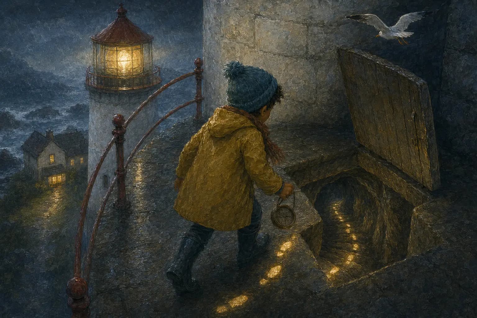 Sami follows glowing wet footprints through a hidden lighthouse door into a sea cave.
