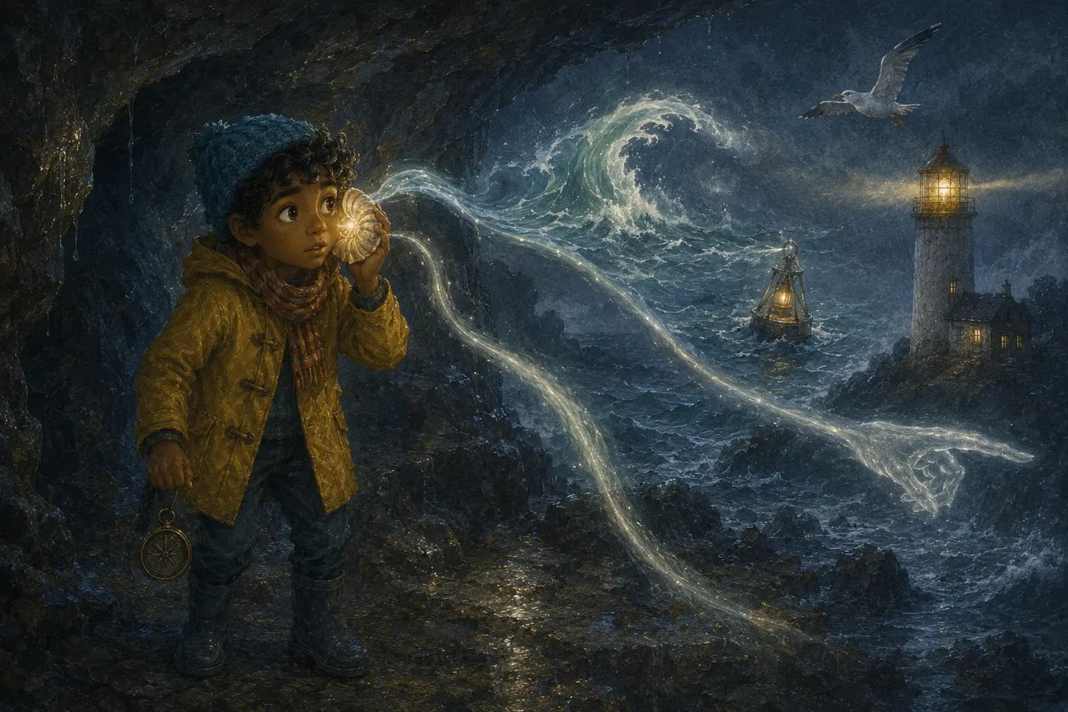 Sami holds a luminous shell in a dark sea cave as three sound-like ribbons emerge.