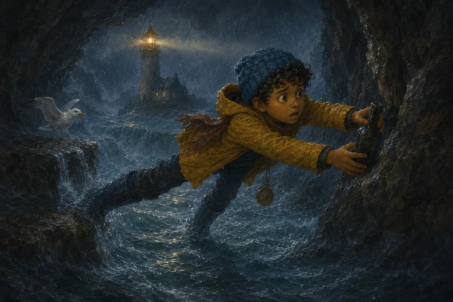 Sami reaches across rising cave water for a black glass memory bottle.