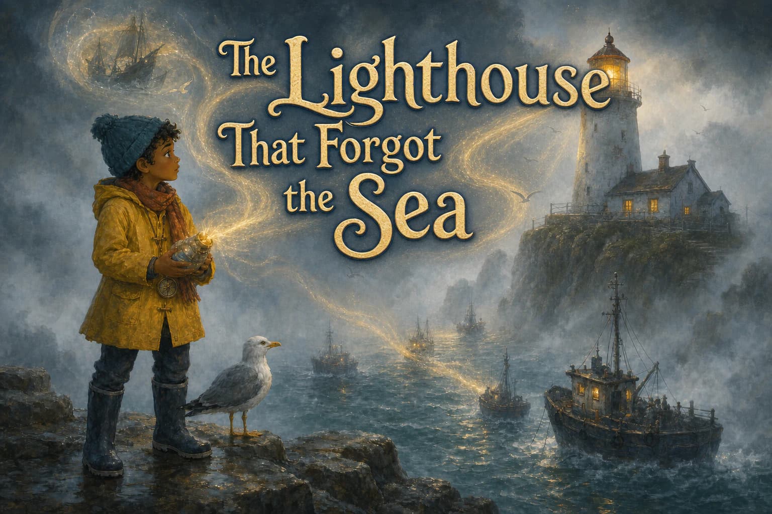 Sami in a yellow raincoat watches thick fog cover Bellweather Bay and its old lighthouse.