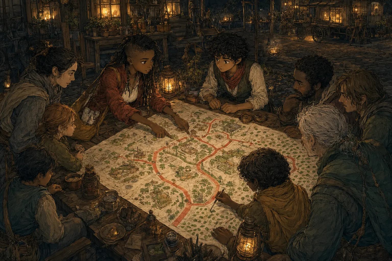 Ivo, Seli, and residents collaboratively revise the map with green leaf symbols