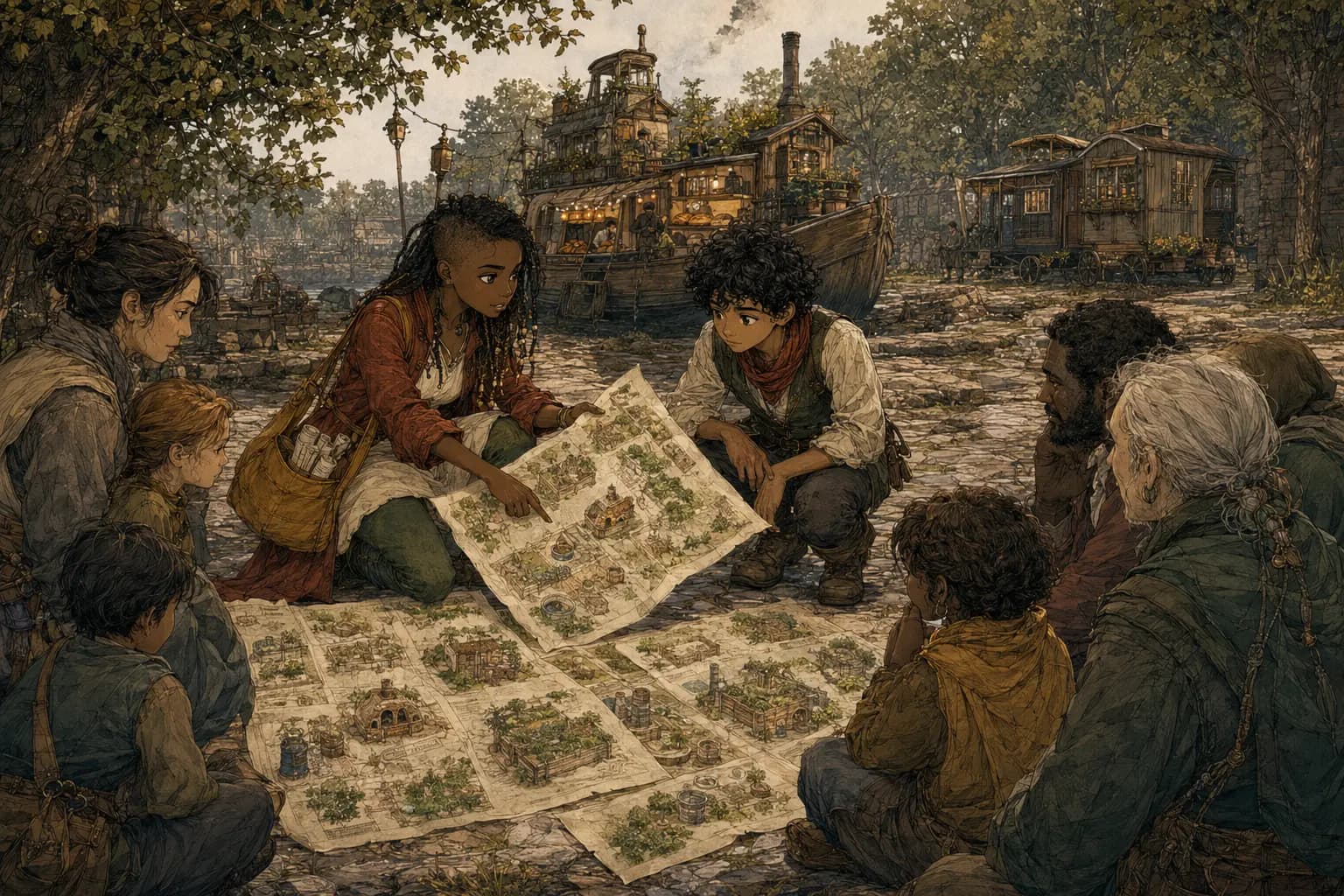 Seli unfolds detailed hand-drawn neighborhood maps before Ivo and Northbank families