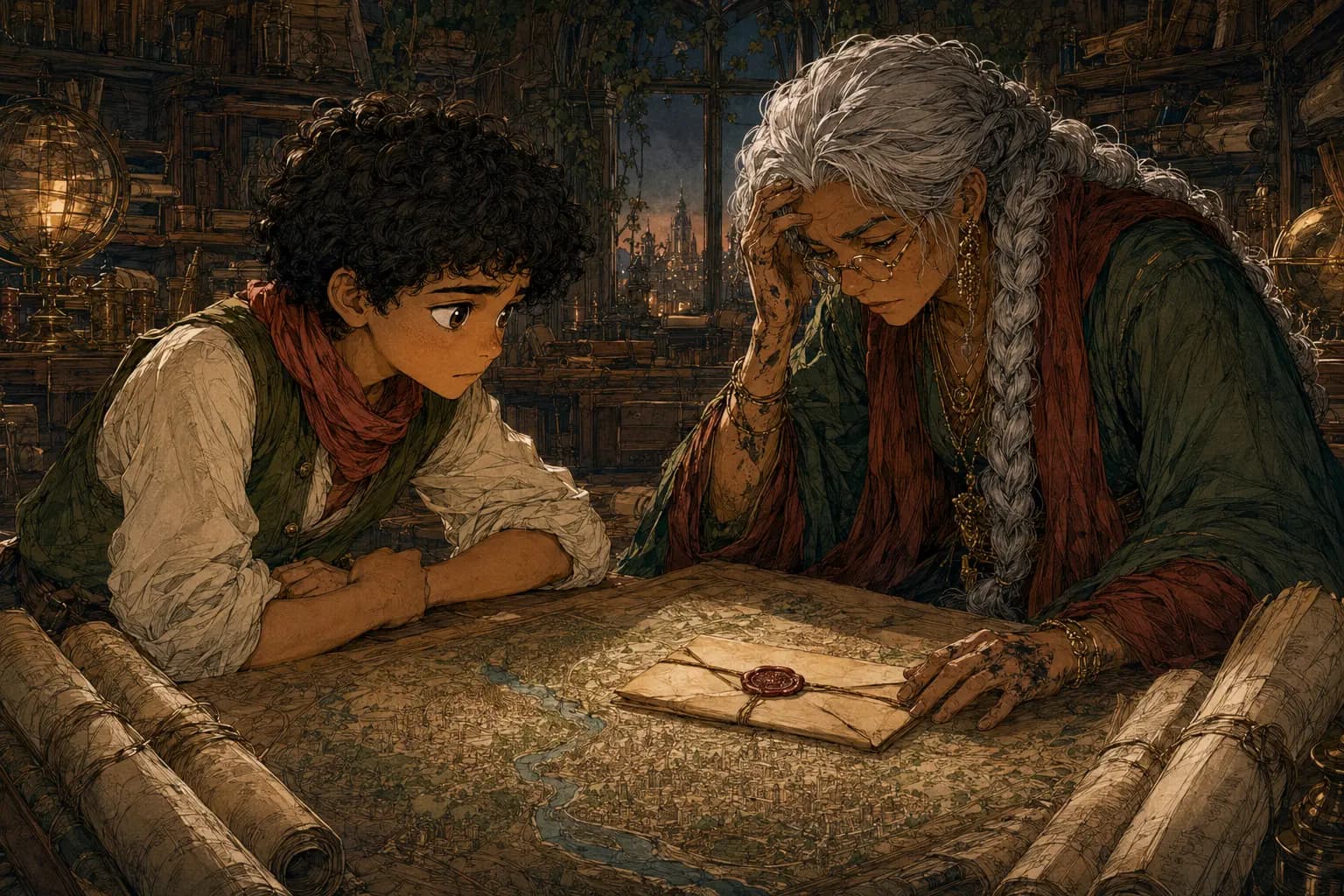 Master Orra confesses beside rolled maps while Ivo listens in the dim Atlas House