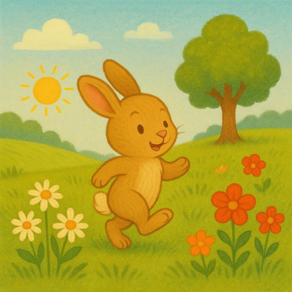 Baby Bunny hops through a sunny flower meadow.