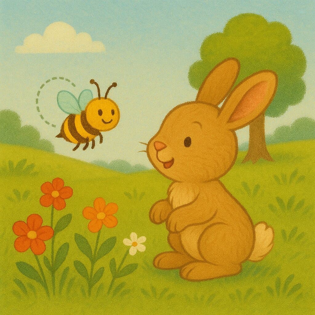 Baby Bunny meets a friendly bee among the flowers.
